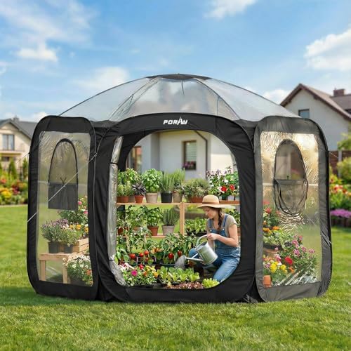 Porayhut Pop Up Greenhouse Tent,Portable Large Walk-in Plant House 10’X10’ ,Indoor Outdoor Gardening Plant Sunshine Room with PVC Mesh Cloth Cover for Protecting Plant from Cold Frost & Birds