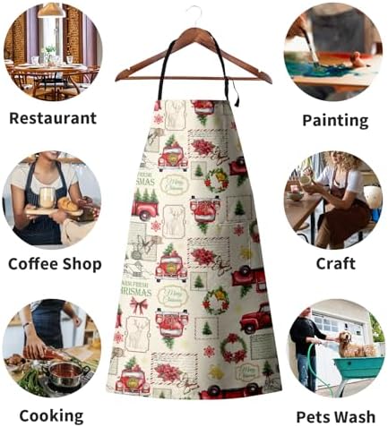 Christmas Trucks Kitchen Aprons Red Flower Aprons with Pockets & Adjustable Strap Xmas Tree Apron Waterproof Vintage Jingle Bell Aprons for Holiday Adults Baking Cooking