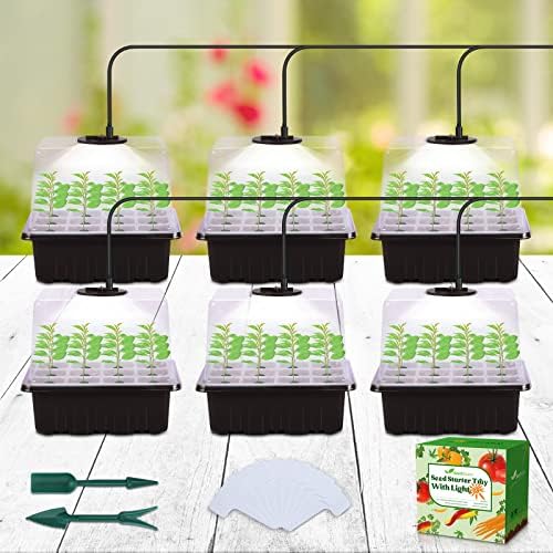 Seed Starter Tray with Light, 6PCS Seed Starter Kit with Grow Light, Seedling Starter Trays with Humidity Domes, Covers Height 3.9", Indoor Gardening Plant Germination Trays