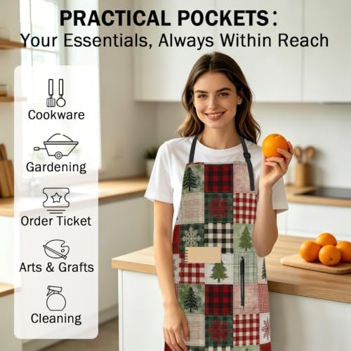 Christmas Aprons Xmas Square Checkered Kitchen Apron with 2 Pockets