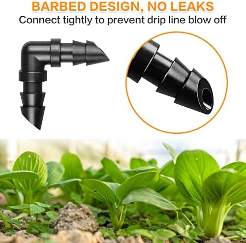 Drip Irrigation Elbow Fittings：50 Pieces Barbed Elbow Irrigation Parts with Sharp End Fits for 1/4 Inch Irrigation Tubing Drip Line Elbow Connectors for Garden Lawn Irrigation System