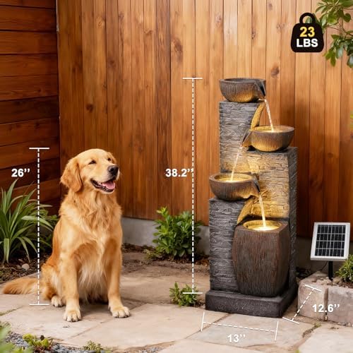 38.2" Outdoor Solar Water Fountain 4 Tiers Stone Texture Modern Fountains