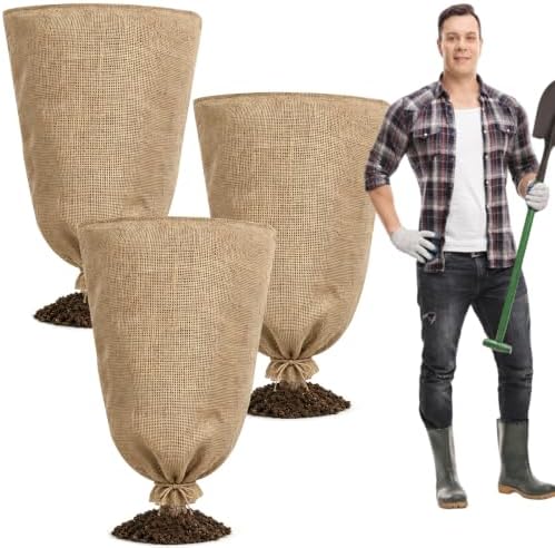 3 Pack 40'' x 24'' Reusable Warm Burlap Winter Plant Cover Bags with Drawstring Burlap Plant Covers Freeze Protection Large Plant Frost Cloth Cold Freeze Blanket Protecting Fruit Tree Potted Plants