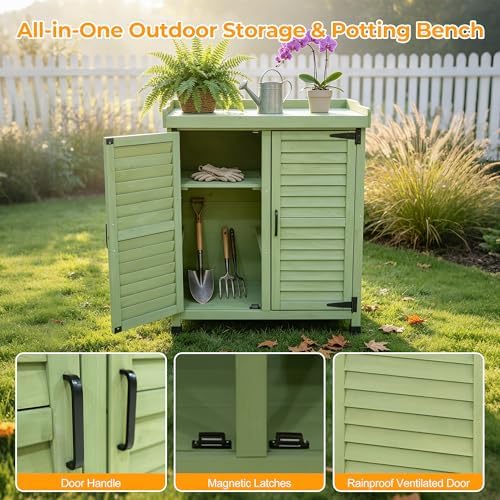 Outdoor Potting Bench with Storage Cabinet, Upgraded Wooden Garden Storage Cabinet with Metal Tabletop, Patio Cabinet for Garden Tools, Backyard, Deck and Outdoor Workstation (Green)