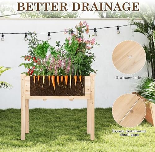 Raised Garden Bed with Legs, 32x16x30 inch Wood Elevated Planter with Protective Liner for Vegetable Flower Herb, Outdoor Planter Box Kit for Balcony Patio Backyard, Natural