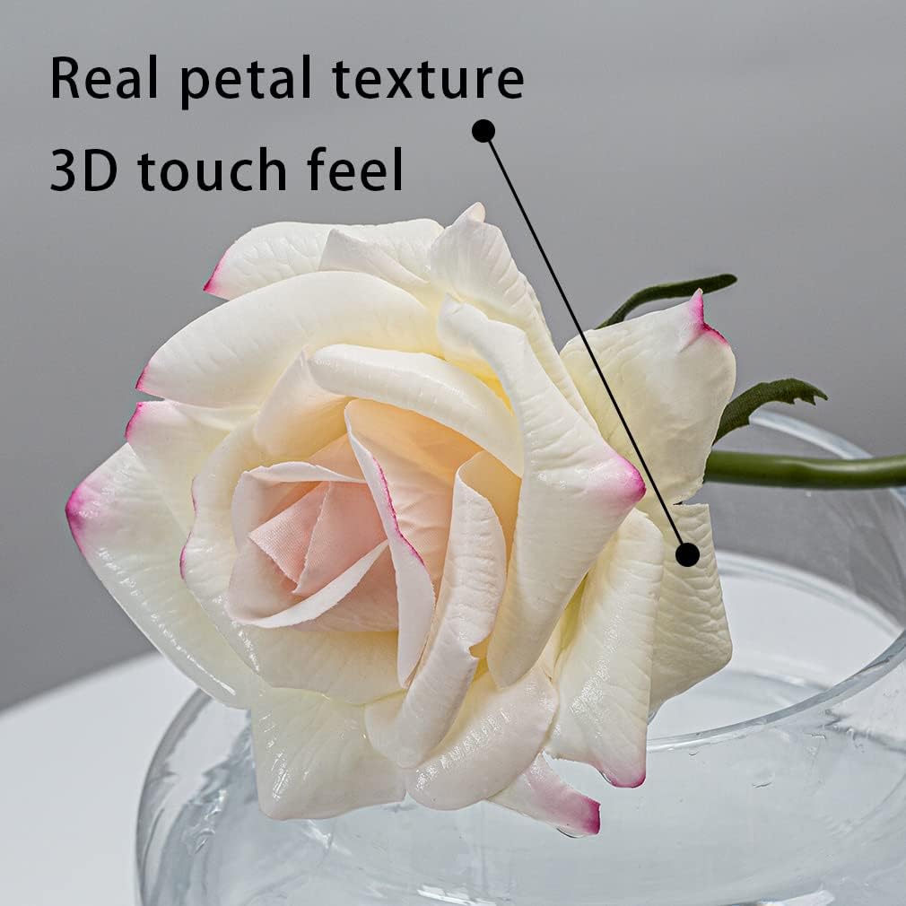 Artificial Roses Single Stem 10pcs Fake Silk Flower Arrangement Bouquet Real Touch for Home Party Wedding Decoration(Pink Edge)