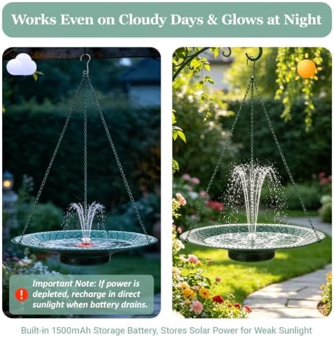19.6" Hanging Bird Bath with Solar Fountain, LED & Battery Large Birdbath