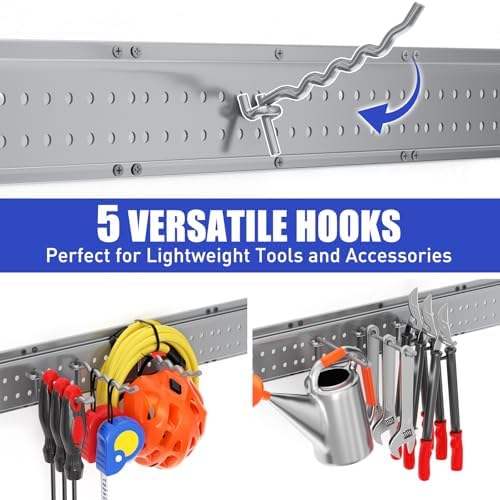 Garage Tool Organizer Wall Mount 66 inches with 13 Adjustable Heavy-Duty Hooks, Garage Organization, Garden Tool Storage Rack, Yard, and Shed, Holds Up to 520 lbs (Grey)