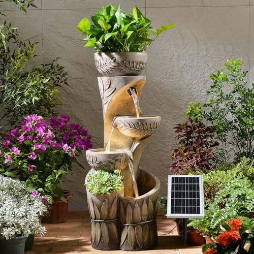 35.6" Solar Outdoor Water Fountain - Relief Leaf Design 4 Tiers Fountains