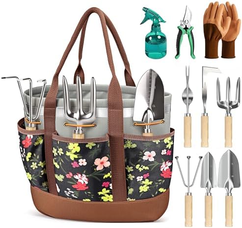 10Pcs Garden Tool Set, Rust-Proof Stainless Steel, Ash Wood Handles