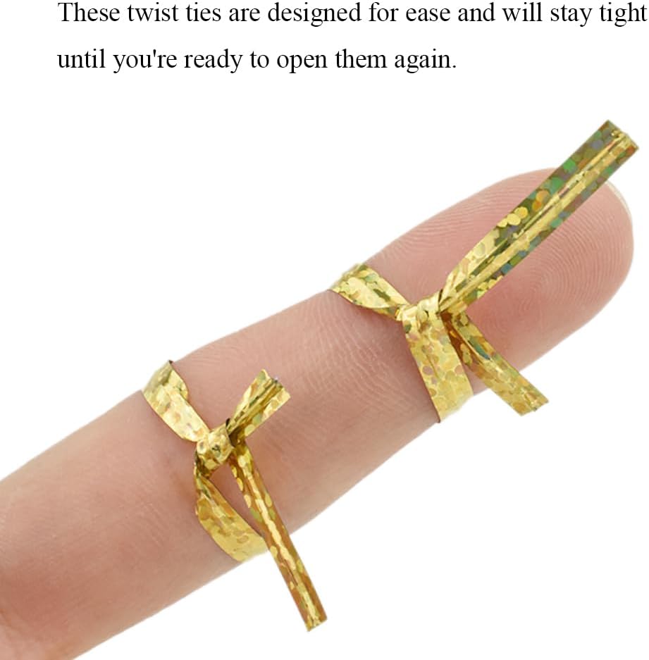 HAHIYO 300Pcs 4inches Holographic Gold Metal Twist Ties Bread Candy Coffee Bag Ties Plant Garden Twist Ties for Cellophane Treat Bags Gift Wraping Bags Plastic Bags Party Cake Present Art Crafts