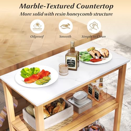 Goplus Patio Wooden Sideboard, 3-Tier Acacia Outdoor Kitchen Buffet Organizer w/Marble-Like Countertop & 2 Slatted Shelves, Garden Potting Bench Table & Plant Stand for Backyard, Garden, Deck