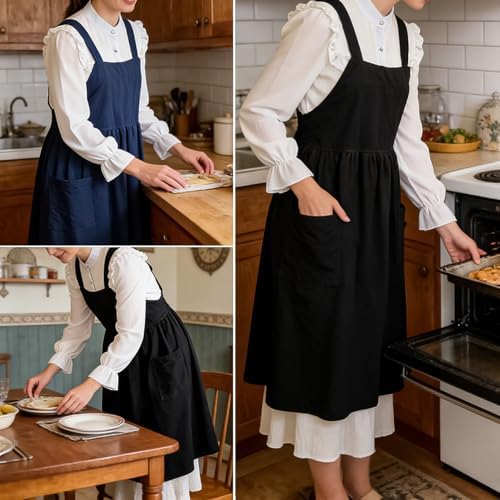 Cotton Linen Apron Cross Back Apron for Women with Pockets Pinafore Dress