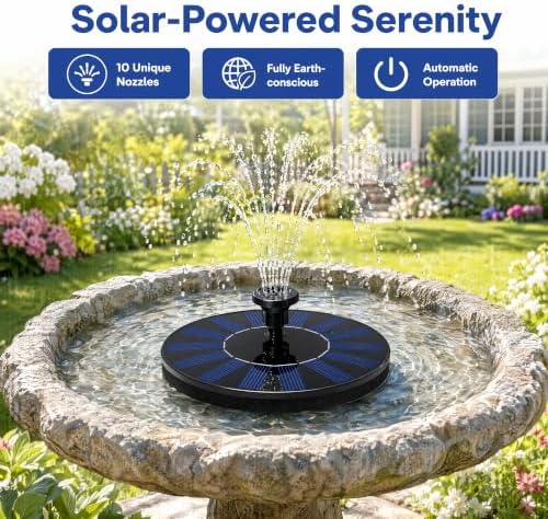 2.4W Solar Bird Bath Fountain Pump, 7.1 Inch Upgraded Floating Solar Powered Water Fountain with 10 Nozzles, Multiple Spray Patterns for Outdoor Garden Pond Birdbath Pool Fish Tank