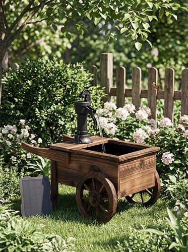 Carbonized Wood Outdoor Freestanding Fountain - Movable Vintage Hand Pump Cart, Solar-Powered Electric Decorative Water Feature for Patio, Garden & Indoor Decoration