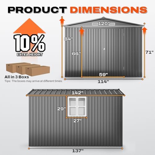 Quictent Large 10x12 FT Outdoor Storage Shed, Metal Workshop with Skylight & 4 Windows, Waterproof Utility Shed for Ride-on Mower, Snow Blower