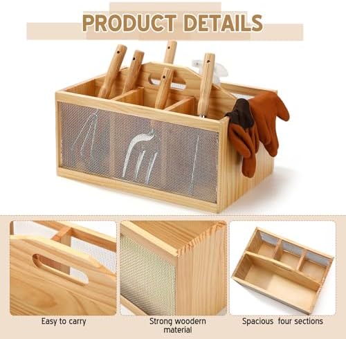 Teenyyou Garden Tool Organizer Wooden Garden Caddy with 4 Compartments and Handle Portable Gardening Tool Basket Nesting Box Practical Gardener Gift for Gardening Lovers