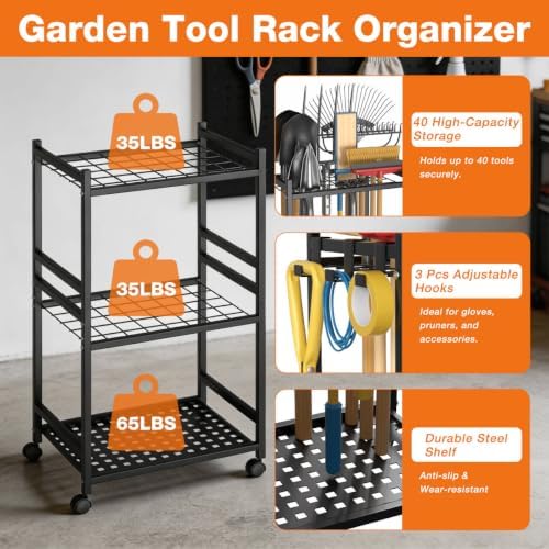 Garden Tool Organizer with Wheels, Yard Tool Rack with 3 Side Hooks Holds Up to 40Pcs Long-Handled Tools Garden Tool Rack Metal Garage Tool Storage for Garage Yard Patio Shed Organization