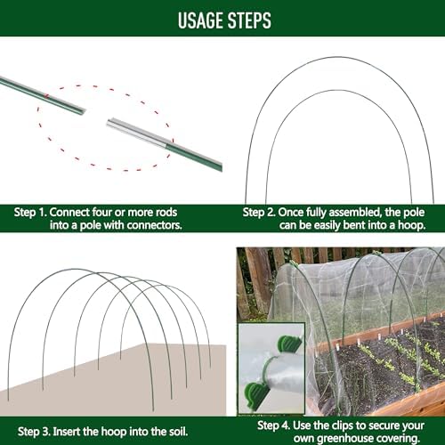 MAXPACE Greenhouse Hoops Kit, DIY 8ft Grow Tunnel, Fits Raised Garden Beds Up to 2.7ft Wide, 25 Pcs Rust-Proof Fiberglass Frame Support Rods for Row Cover, Shade Cloth, Frost Netting & Plant Stakes