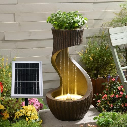 Solar Water Fountain Outdoor with LED Lights & Planter S-Shaped Waterfall