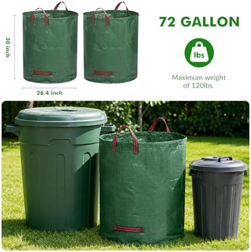 Reusable Yard Waste Bags, 72 Gallon Lawn and Leaf Bags 3-Pack, Collapsible Heavy-Duty Garden Bags, Stand-Up Yard Waste Container for Leaves, Grass Clippings and Lawn Debris