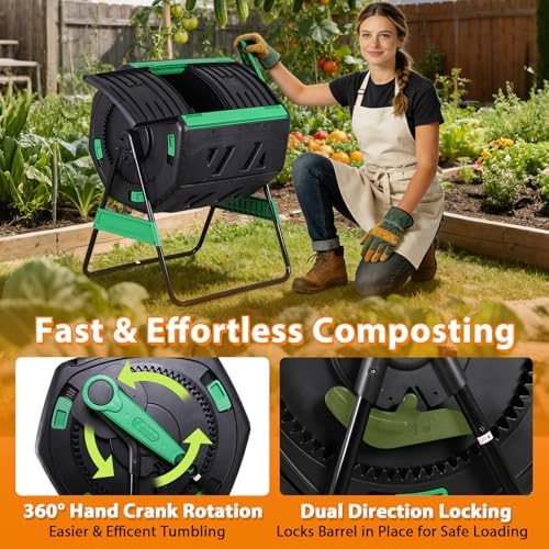JupiterForc Outdoor Compost Bin 53 Gallon, Dual Chamber Compost Tumbler with Soil Tester, Thermometer & Gloves, Large Garden Composter for Backyard, Garden, Yard Waste and Kitchen Scraps