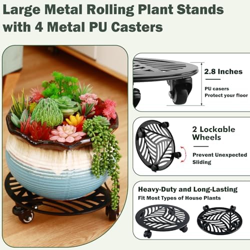 3 Packs Large Metal Plant Caddy with Wheels 12/13/13.6 inches Heavy-Duty Iron Rolling Plant Stand with Casters Indoor Outdoor Wheeled Plant Roller Base Pot Movers Plant Dolly Coaster Trolley Black