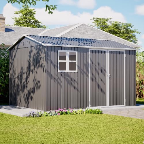10 x 8 FT Outdoor Metal Storage Shed, Heavy‑Duty Garden Tool Shed with Lockable Double Door, Sloped Roof & Ventilation