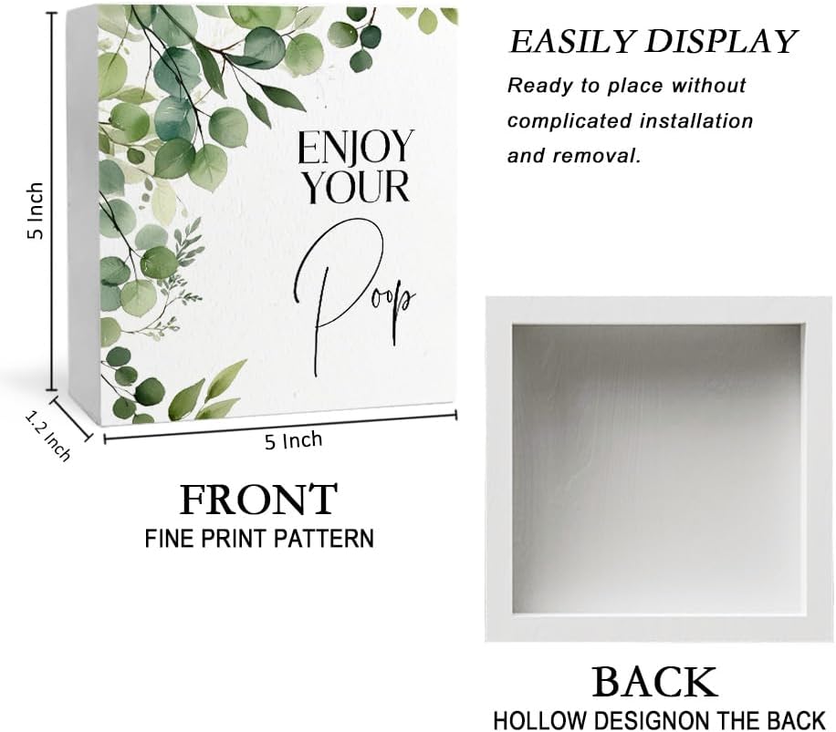 Funny Bathroom Signs, Enjoy Your Poop Humorous Wooden Box Sign, Eucalyptus Botanical Wood Signs Plaque for Bathroom Washroom Toilet Counter Shelf Table Decor, 5x5 Inch