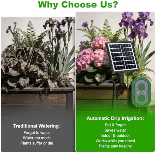 50FT Automatic Solar Drip Irrigation System, Solar Automatic Plant Waterer Kit, Supported 15 Pots, Indoor/Outdoor Irrigation Kit for Garden, Balcony & Patio Vacation Free