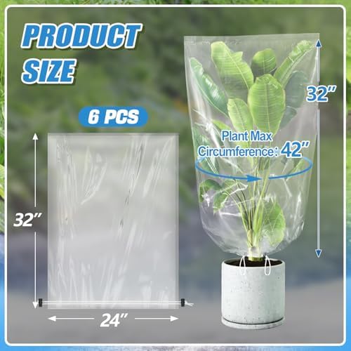 6Pcs 24"x32" Winter Plant Cover Freeze Protection, Plastic Plant Frost Bags