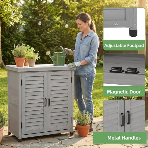 Outdoor Storage Cabinet with Metal Tabletop, Cedar Wood Garden Workstation