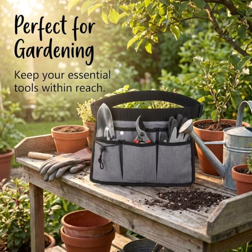 Garden Tool Gardening Belt, Multi-Pocket Waist Tool Apron with Drawstring Pouch, Snap Pocket and Extra Large Back Storage Pocket, Adjustable Work Belt for Gardening Carpenter Construction
