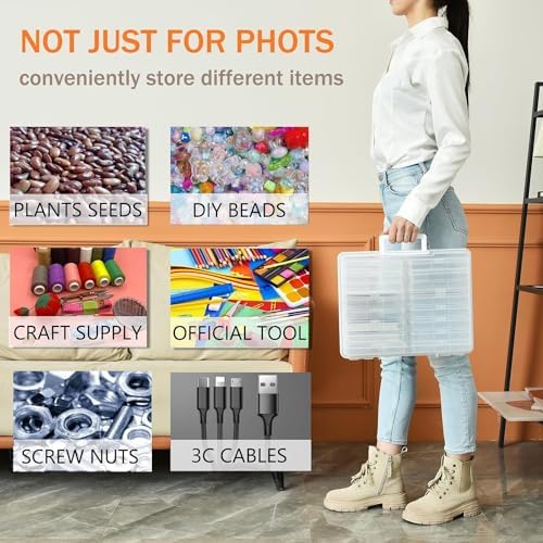 Photo Storage Box with 16 Inner 4" x 6" Photo Case, Portable Storage Organizer with Handle Craft Keeper for Picture, Stickers, Stamps, Screws, Hair Clips, Clear
