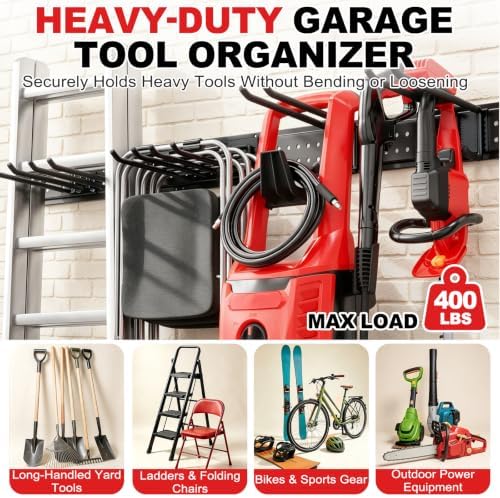 Garage Tool Organizer Wall Mount, 49.5", 3 Racks, 10 Hooks, 400 lb
