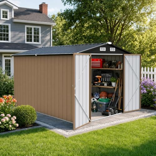LAUSAINT HOME 8 x 10 FT Outdoor Storage Shed, Heavy Duty Galvanized Steel Storage Shed with Double Lockable Doors, Gable Roof & Air Vent for Backyard, Brown