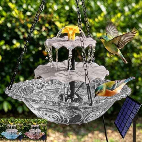 Solar Fountain for Bird Bath, Hanging Outdoor Water Feature with Solar Powered Cascade, Bird Bath Fountain for Garden Patio Yard Made of Transparent Acrylic Water Basin(Gary)