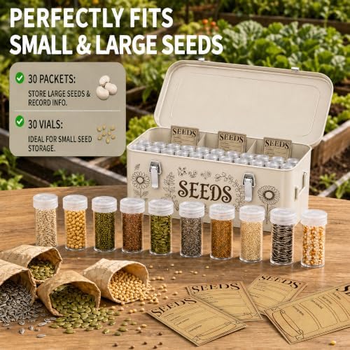 Metal Seed Storage Organizer, Locking Seed Saving Box, Beige