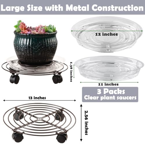 3 Packs Large Metal Plant Caddy with Wheels 13" Heavy-duty Wrought Iron Rolling Plant Stands with Casters Plant Dolly Plant Roller Base for Indoor and Outdoor Plant Pot Movers Saucers Brown
