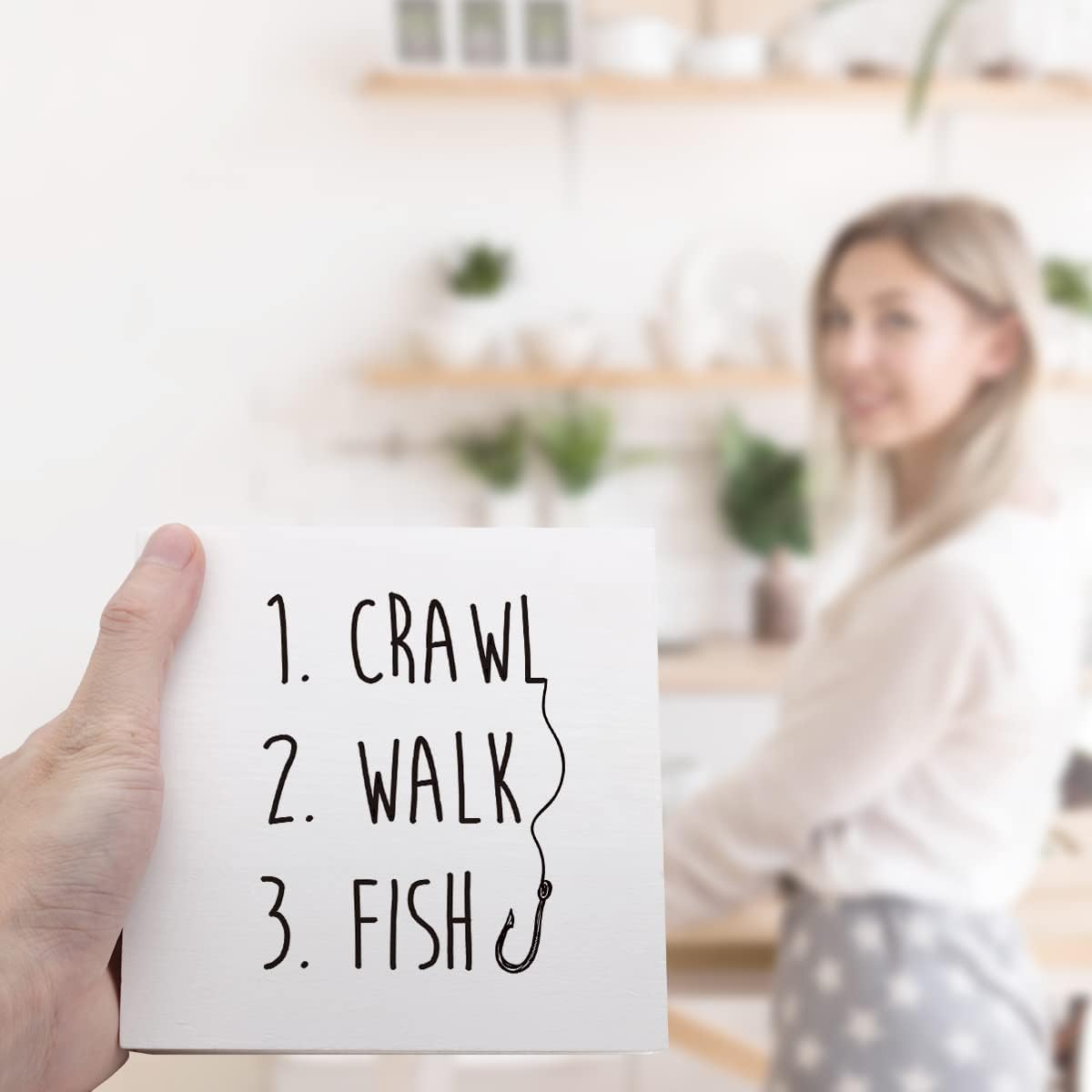 Crawl Walk Fish Rustic Wooden Sign Desk Decor,Funny Baby Fishing Wood Block Sign Desk Decorations for Home Bedroom Baby Room Desk Shelf Table Decor