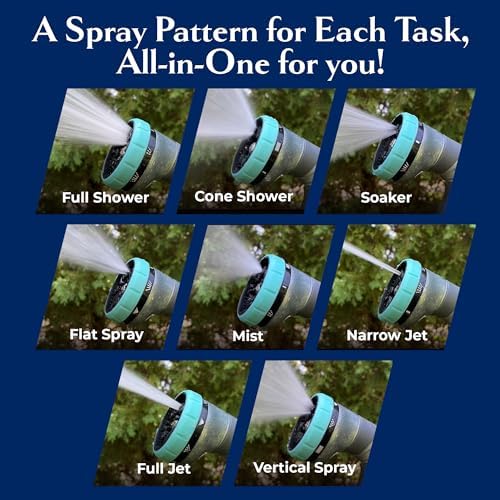 Water Sprayer Nozzle 500007, 8-Pattern Metal Water Nozzle w/Rear Trigger, High Pressure for Plant Watering, Car Cleaning & Heavy-Duty Tasks, Fits Outdoor Garden Hoses, by New England Garden Tools