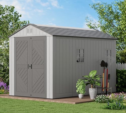 KINYING 6x11 FT Outdoor Storage Shed with Floor,Resin Outdoor Garden Tool Shed with Windows,Lockable Weather Resistant Large Plastic Shed for Bike Storage,Lawn Mower,Pool Supplies