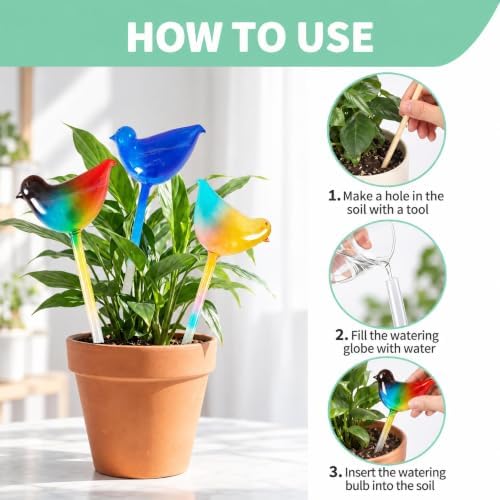 Glass Plant Watering Globes, 3 Pack Colorful Bird Self Watering Devices for Indoor & Outdoor Plants, Automatic Drip Irrigation Bulbs for Vacation, Cute Garden Decoration