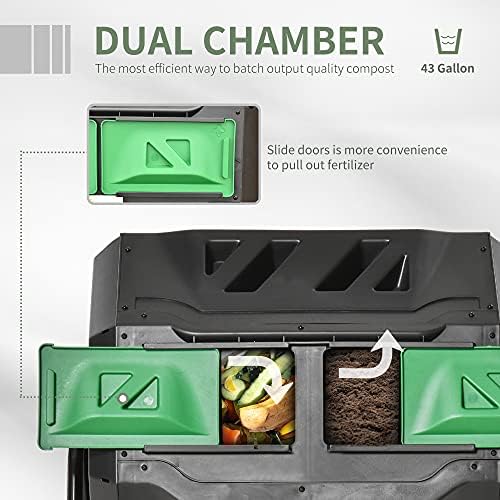 Dual Chamber Rotating Compost Tumbler, 43 Gallon Composter for Kitchen & Garden Waste, 360 Degree Turning Compost Bin - Green