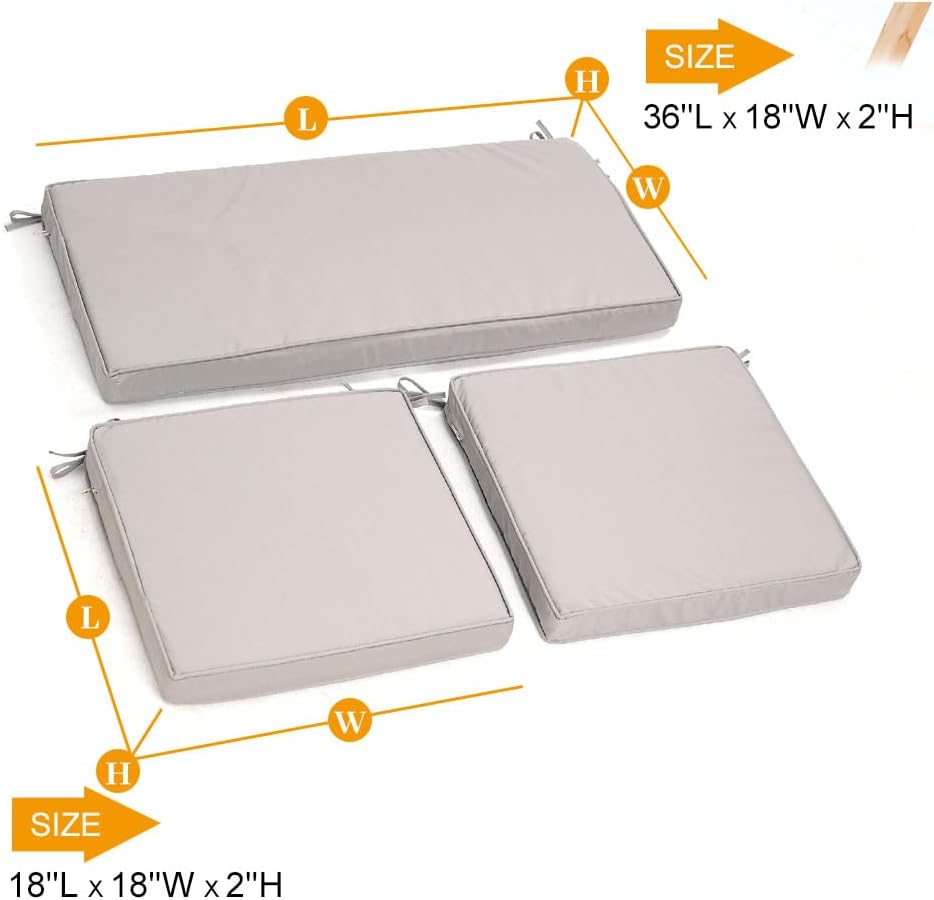 3-Pack Outdoor Patio Furniture Replacement Cushions Set–High-Elastic Sponge Cushions Fit 4-Piece Wicker Rattan Sofa, Loveseat & Chairs, 36x18x2 & 18x18x2, Waterproof, Fade-Resistant (Light gray)