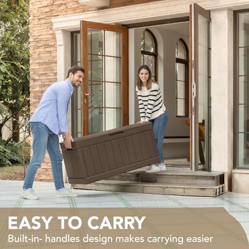 Devoko 85 Gallon Deck Box Lockable Resin Outdoor Storage Box waterproof Outdoor Container for Patio Furniture Cushions, Pillow (Brown)