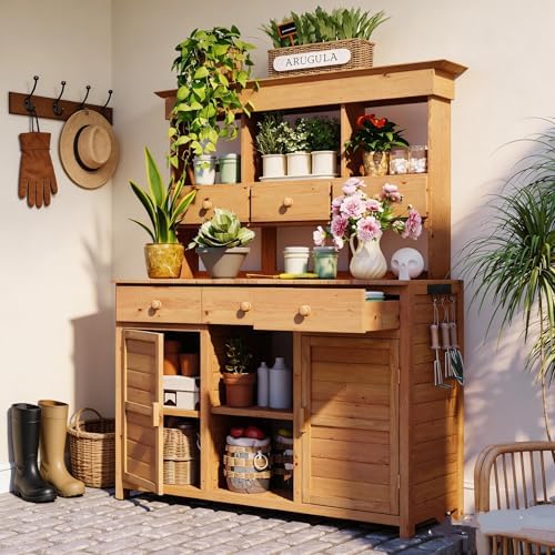 Solid Fir Wood Potting Bench with Hutch, Outdoor Garden Workstation Table with Shelves and Drawers, Wooden Planting Table with Cabinets & Side Hooks for Mudroom,Doorway, Natural