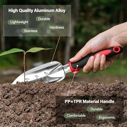Stainless Steel Garden Tool Set，3 Pieces, Including Hand Shovel & Transplant Shovel & Hand Rake with Non-Slip Soft Ergonomic Handle (red)