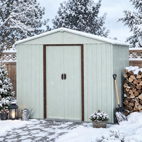 8 x 4 FT Outdoor Storage Shed, Metal Garden Shed with Floor Frame, Tool Shed Outdoor Storage with Lockable Sliding Doors & Air Vents, Storage House Waterproof for Backyard, Lawn, White