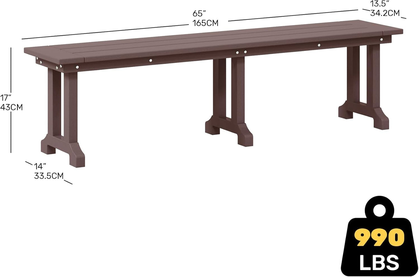 Outdoor Benches Weatherproof, Park Long Bench Poly Lumber Backless for Entryway Front Porch Garden Bench Seat for Patio, Dark Brown